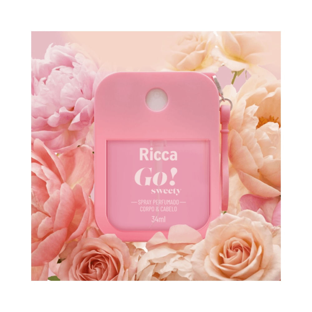 Spray Perfumado Ricca Go! Sweety 34ml visto de frente em embalagem rosa